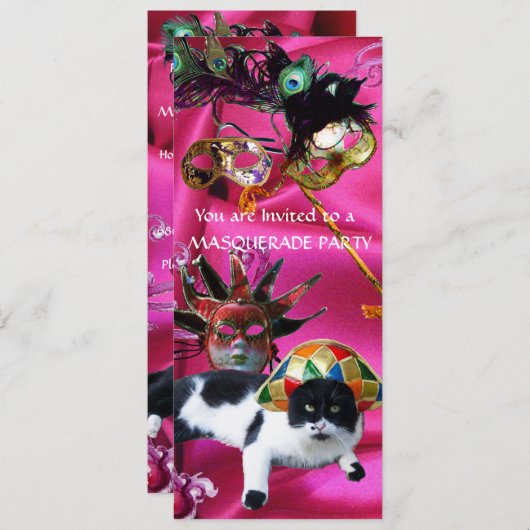 KAT MET HARLEQUIN PET EN MASKERADE PARTIJMASKERS KAART (Voorkant / Achterkant)