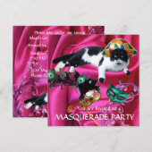 KAT MET HARLEQUIN PET EN MASKERADE PARTIJMASKERS KAART (Voorkant / Achterkant)