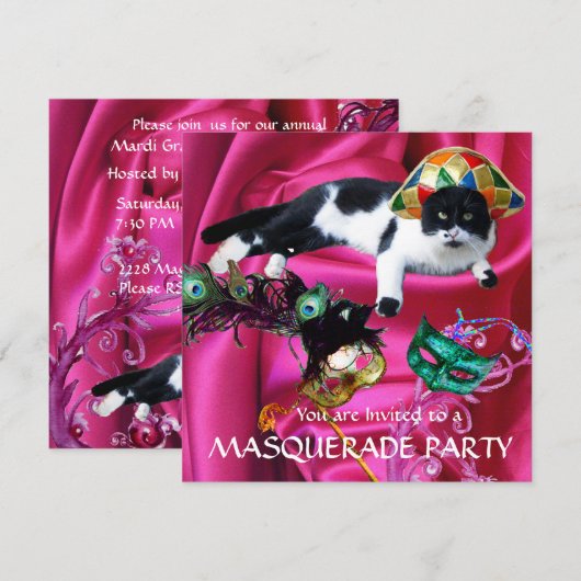 KAT MET HARLEQUIN PET EN MASKERADE PARTIJMASKERS KAART (Voorkant / Achterkant)