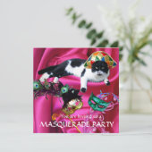 KAT MET HARLEQUIN PET EN MASKERADE PARTIJMASKERS KAART (Staand voorkant)