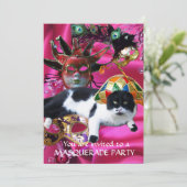 KAT MET HARLEQUIN PET EN MASKERADE PARTIJMASKERS KAART (Staand voorkant)