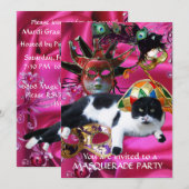 KAT MET HARLEQUIN PET EN MASKERADE PARTIJMASKERS KAART (Voorkant / Achterkant)