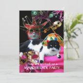 KAT MET HARLEQUIN PET EN MASKERADE PARTIJMASKERS KAART (Staand voorkant)