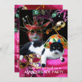 KAT MET HARLEQUIN PET EN MASKERADE PARTIJMASKERS KAART (Voorkant / Achterkant)