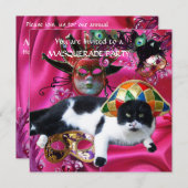 KAT MET HARLEQUIN PET EN MASKERADE PARTIJMASKERS KAART (Voorkant / Achterkant)