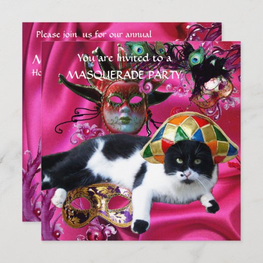 KAT MET HARLEQUIN PET EN MASKERADE PARTIJMASKERS KAART (Voorkant / Achterkant)