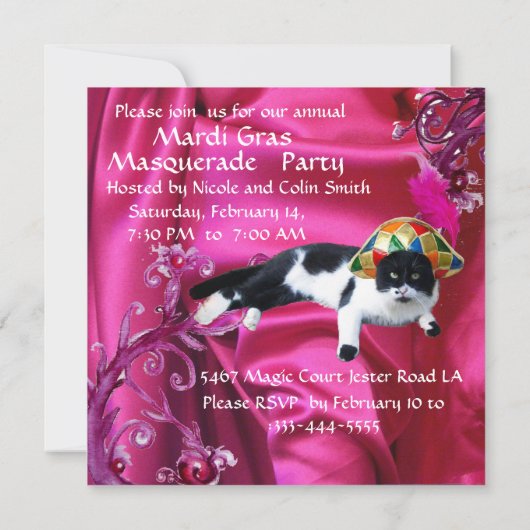 KAT MET HARLEQUIN PET EN MASKERADE PARTIJMASKERS KAART (Achterkant)