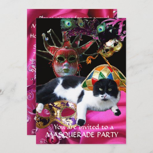 KAT MET HARLEQUIN PET EN MASKERADE PARTIJMASKERS KAART (Voorkant / Achterkant)