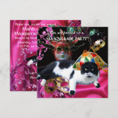 KAT MET HARLEQUIN PET EN MASKERADE PARTIJMASKERS KAART (Voorkant / Achterkant)