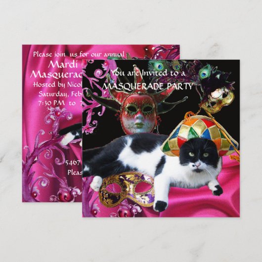 KAT MET HARLEQUIN PET EN MASKERADE PARTIJMASKERS KAART (Voorkant / Achterkant)