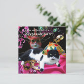 KAT MET HARLEQUIN PET EN MASKERADE PARTIJMASKERS KAART (Staand voorkant)