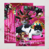 KAT MET HARLEQUIN PET EN MASKERADE PARTIJMASKERS KAART (Voorkant / Achterkant)