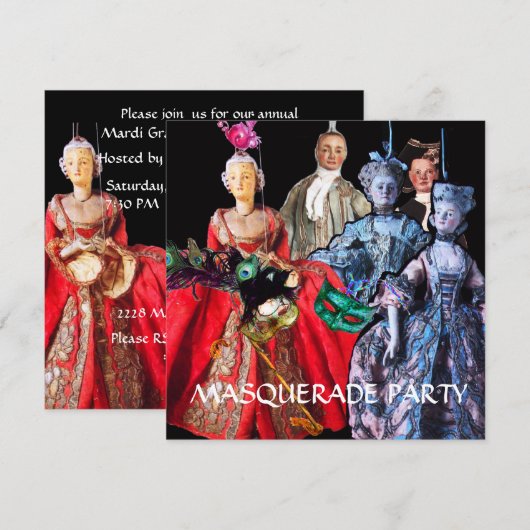 KAT MET HARLEQUIN PET EN MASKERADE PARTIJMASKERS KAART (Voorkant / Achterkant)