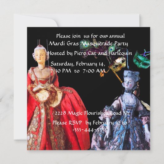 KAT MET HARLEQUIN PET EN MASKERADE PARTIJMASKERS KAART (Achterkant)