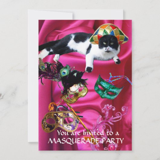 KAT MET HARLEQUIN PET EN MASKERADE PARTIJMASKERS KAART (Voorkant)