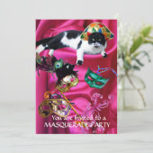 KAT MET HARLEQUIN PET EN MASKERADE PARTIJMASKERS KAART (Staand voorkant)