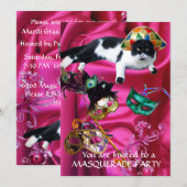 KAT MET HARLEQUIN PET EN MASKERADE PARTIJMASKERS KAART (Voorkant / Achterkant)