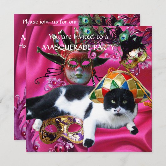 KAT MET HARLEQUIN PET EN MASKERADE PARTIJMASKERS KAART (Voorkant / Achterkant)