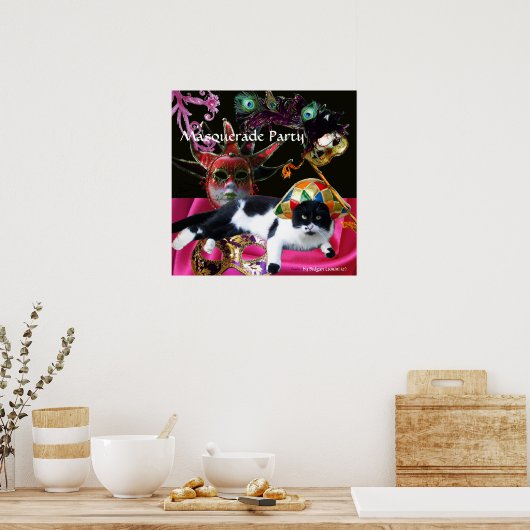 KAT MET HARLEQUIN PET EN MASKERADE PARTIJMASKERS POSTER (Keuken)