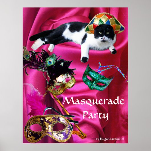 KAT MET HARLEQUIN PET EN MASKERADE PARTIJMASKERS POSTER (Voorkant)