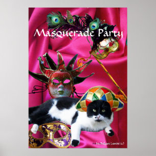 KAT MET HARLEQUIN PET EN MASKERADE PARTIJMASKERS POSTER