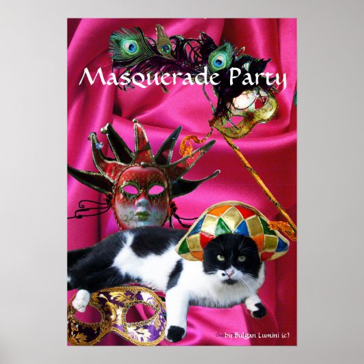 KAT MET HARLEQUIN PET EN MASKERADE PARTIJMASKERS POSTER (Voorkant)