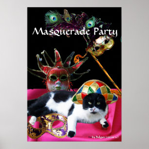 KAT MET HARLEQUIN PET EN MASKERADE PARTIJMASKERS POSTER