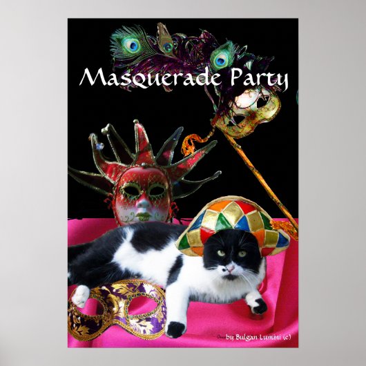KAT MET HARLEQUIN PET EN MASKERADE PARTIJMASKERS POSTER (Voorkant)