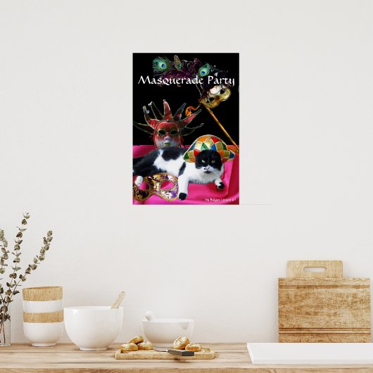 KAT MET HARLEQUIN PET EN MASKERADE PARTIJMASKERS POSTER (Keuken)