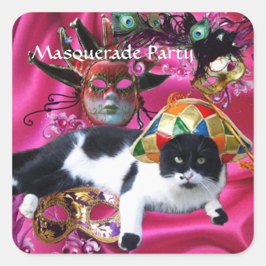 KAT MET HARLEQUIN PET EN MASKERADE PARTIJMASKERS VIERKANTE STICKER (Voorkant)