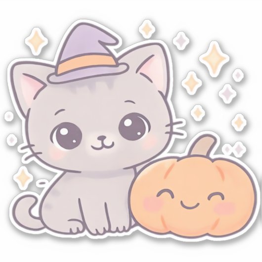 Kat met heks Pet en lachende pompoen Schattige Spo Sticker (Voorkant)