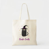 Kat met heks pet en naam schattig Halloween Tote Bag (Voorkant)