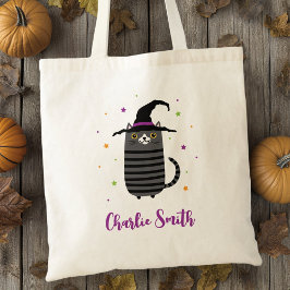 Kat met heks pet en naam schattig Halloween Tote Bag