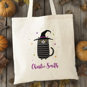 Kat met heks pet en naam schattig Halloween Tote Bag
