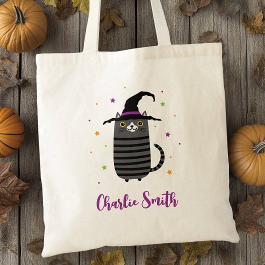 Kat met heks pet en naam schattig Halloween Tote Bag
