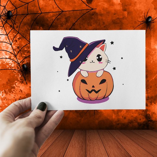 Kat met heks pet in Halloween Jack-O-Lantern Briefkaart