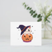 Kat met heks pet in Halloween Jack-O-Lantern Briefkaart (Staand voorkant)