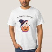 Kat met heks pet in Halloween Jack-O-Lantern T-shirt (Voorkant)