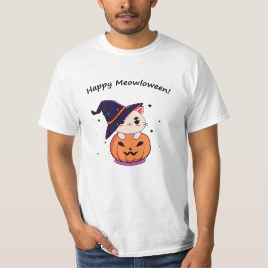 Kat met heks pet in Halloween Jack-O-Lantern T-shirt (Voorkant)