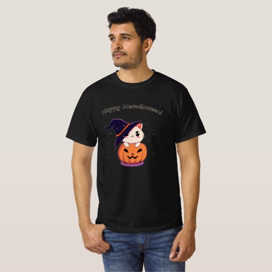 Kat met heks pet in Halloween Jack-O-Lantern T-shirt (Voorkant volledig)