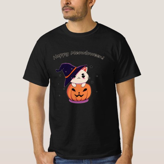 Kat met heks pet in Halloween Jack-O-Lantern T-shirt (Voorkant)