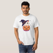 Kat met heks pet in Halloween Jack-O-Lantern T-shirt (Voorkant volledig)