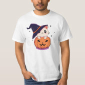 Kat met heks pet in Halloween Jack-O-Lantern T-shirt (Voorkant)