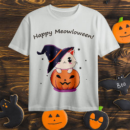Kat met heks pet in Halloween Jack-O-Lantern T-shirt
