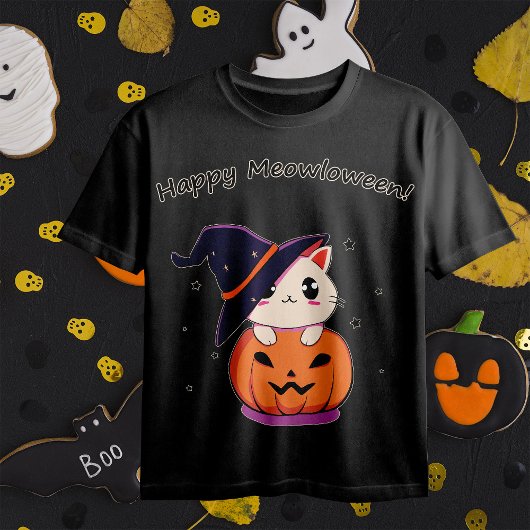 Kat met heks pet in Halloween Jack-O-Lantern T-shirt