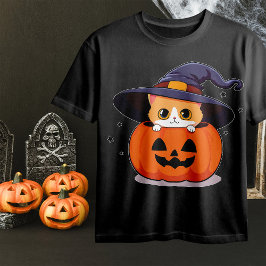 Kat met heks pet in Halloween Jack-O-Lantern T-shirt