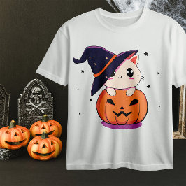 Kat met heks pet in Halloween Jack-O-Lantern T-shirt