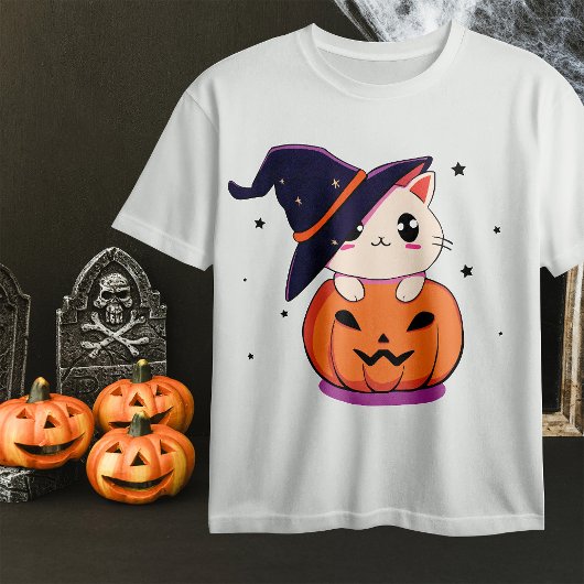 Kat met heks pet in Halloween Jack-O-Lantern T-shirt