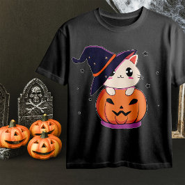 Kat met heks pet in Halloween Jack-O-Lantern T-shirt