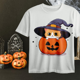 Kat met heks pet in Halloween Jack-O-Lantern T-shirt